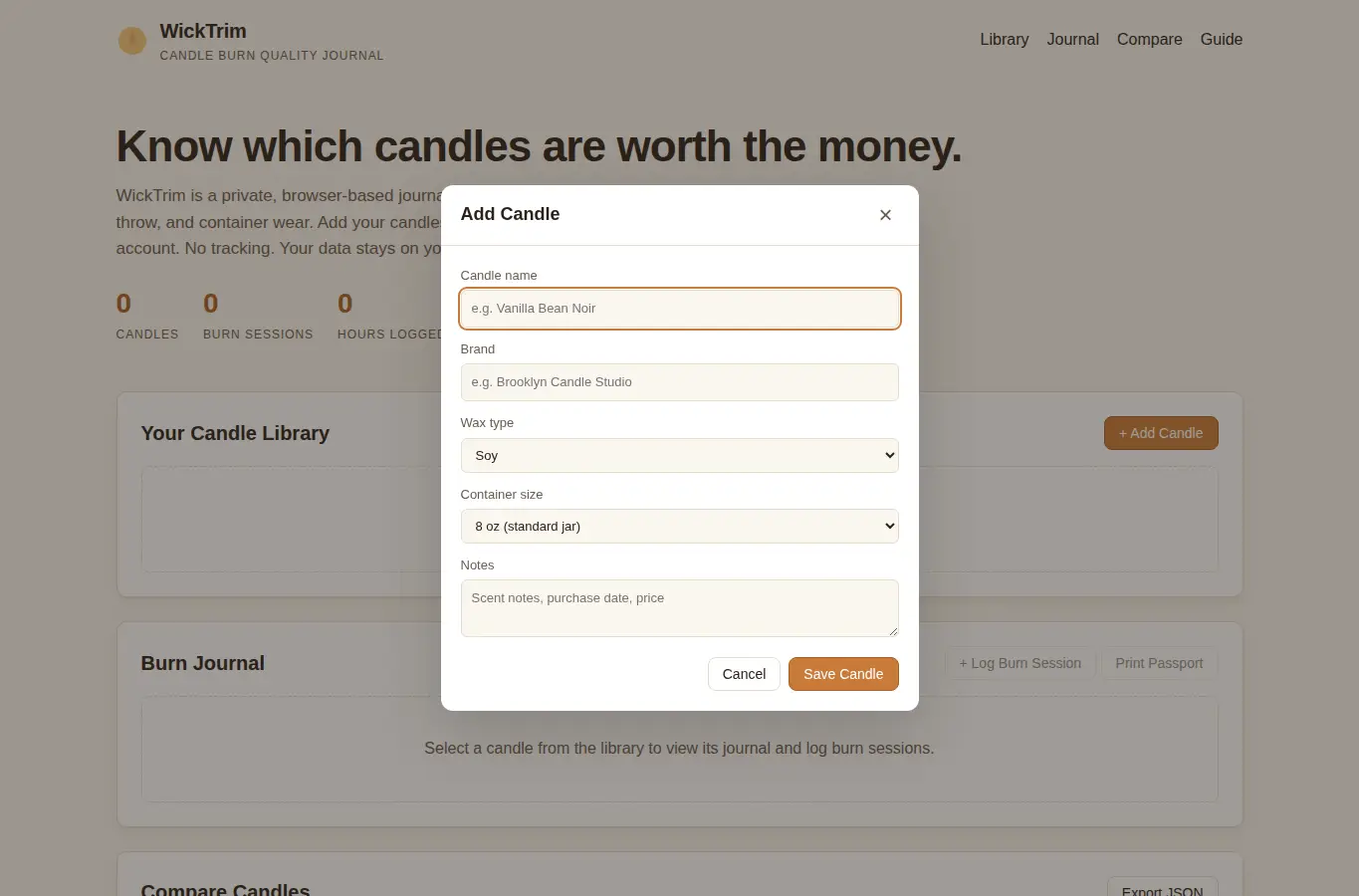 Screenshot of WickTrim — Candle Burn Quality Journal interface showing the project page in use